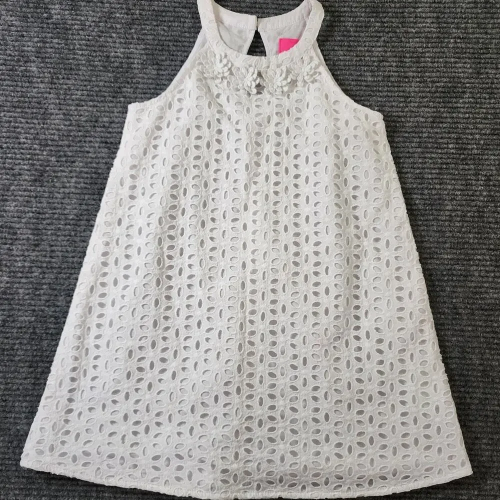 Lilly Pulitzer Girl's Size 7 Mini Pearl Shift White Flower Eyelet Pattern Dress